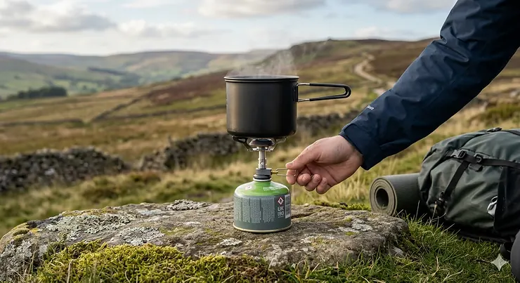 A compact lightweight gas stove for camping set up on a rocky outcrop in the UK Lake District during sunrise. lightweight gas stove for camping
