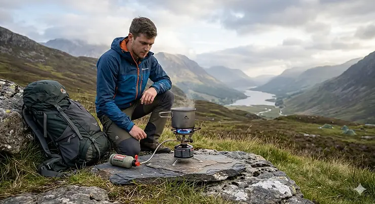 A compact multi fuel camping stove burning brightly on a stone surface during a wild camping trip in the UK. multi fuel camping stove