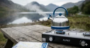 A stainless steel whistling kettle boiling on a lit gas camping stove during a morning brew.