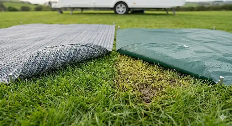 Close-up of the tight weave on a breathable awning carpet allowing air and light to reach the grass underneath. breathable awning carpet to prevent grass damage