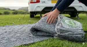 Sturdy outdoor chairs and a table set up on a breathable awning carpet without tearing the fabric or harming the turf.
