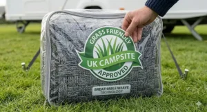 Comparison showing healthy green grass under a breathable carpet versus dead yellow grass under a plastic groundsheet.