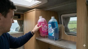 A person reaching for bottles of pink toilet rinse and blue waste fluid in a campervan cupboard.