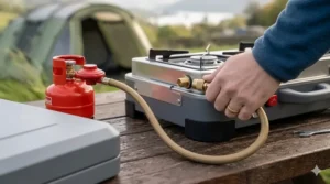 A 2 burner camping stove connected to a Calor gas cylinder via a hose and UK-standard regulator.