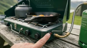 Detail of a piezo ignition button on a propane camping stove for easy lighting without matches.