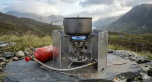 A multi fuel stove with a wraparound windshield set up on a windy moorland.
