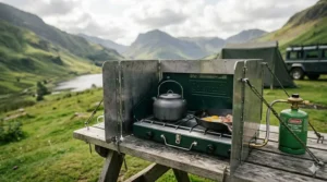 A propane camping stove with an integrated windshield to protect the flame during breezy UK weather.