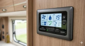 Close-up of a wall-mounted digital control panel in a caravan showing speed settings and an active auto rain sensor indicator with temperature in Celsius.