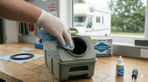 Cleaning the circular groove of a Thetford cassette to ensure a watertight fit for the new seal.