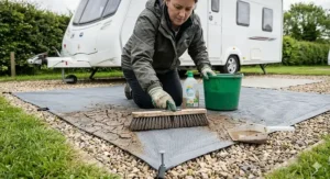 A high-quality close-up photograph of a person cleaning dried mud and dirt off the textured surface of a durable grey groundsheet with a brush, on a gravel caravan pitch in the UK.