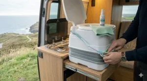 A person cleaning a white portable toilet with a cloth and spray inside a modern campervan interior.