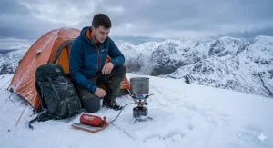 A multi fuel camping stove operating efficiently in snowy British winter conditions.