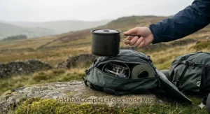 A photorealistic infographic showing how the compact foldable lightweight gas stove is nested inside a dark metal trekking pot for storage near a green technical backpack.