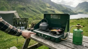 A propane camping stove folded into its compact carrying case for easy storage in a car boot.