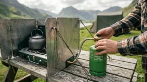 Close-up illustration showing how to safely connect a green propane gas bottle to a camping stove regulator.