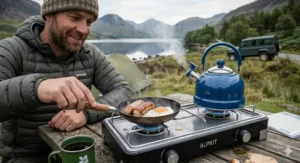 Frying British sausages and eggs in a pan on a gas camping stove outside a tent.