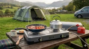 A frying pan and a kettle heating simultaneously on a 2 burner camping stove during a morning trip.