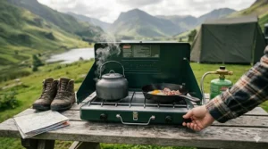 A family-sized double-burner propane camping stove boiling a kettle and frying breakfast outdoors.