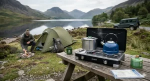 A large two-burner gas camping stove suitable for family camping holidays in the UK.