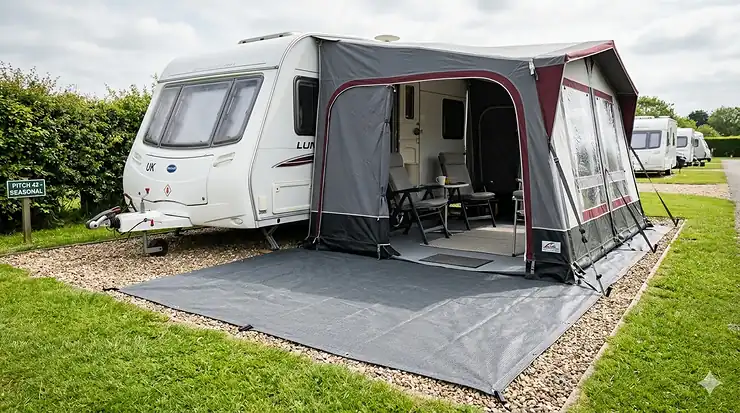 A high-quality 4K photograph of a heavy-duty grey durable groundsheet for a seasonal caravan pitch laid out beneath a large awning on a gravel hardstanding. durable groundsheet for seasonal caravan pitch