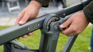 Close-up illustration showing the smooth folding mechanism and locking hinge of a lightweight aluminium chair frame.