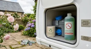 Biodegradable toilet paper and formaldehyde-free toilet fluid stored neatly inside a modern British motorhome exterior storage locker.