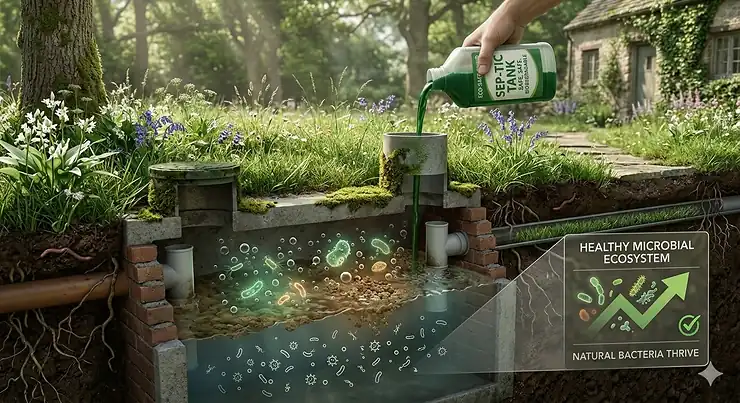 A photorealistic view of a caravan user carefully pouring concentrated green eco-friendly toilet fluid into a blue cassette tank at a rural UK campsite. eco-friendly toilet chemicals for sensitive sites