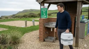 A person carrying a portable toilet waste tank to a chemical disposal point at a UK campsite.