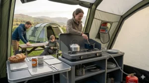 A typical British family camping setup featuring a 2 burner stove on a folding larder unit inside a tent awning.