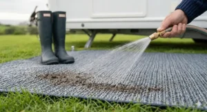 A camper securing a breathable groundsheet inside a caravan awning using eco-friendly plastic pegs.