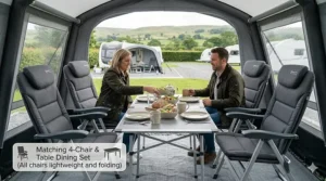 Four matching lightweight chairs arranged around a folding dining table inside a large caravan awning.