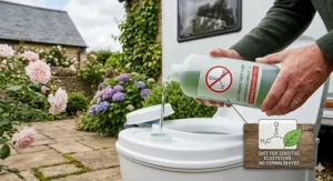 A close-up of a one litre bottle of formaldehyde-free toilet fluid being added to a cassette toilet to protect sensitive UK landscapes.