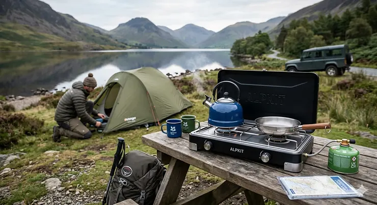 A portable double-burner gas camping stove set up on a wooden table overlooking a misty lake in the UK. gas camping stove