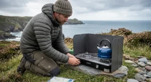 A blue gas camping stove with a built-in metal windshield being used on a breezy coastal campsite.
