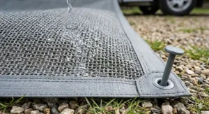 Close-up of the breathable close-weave fabric of a durable groundsheet designed to protect grass on seasonal pitches.