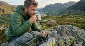An integrated backpacking stove system boiling water quickly for a dehydrated meal in windy conditions.