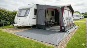 A high-resolution 4K photorealistic photograph of a large, full-sized caravan awning, showing the expansive, perfectly tailored grey-charcoal durable groundsheet tautly secured with numerous heavy-duty rock pegs across a gravel pitch.