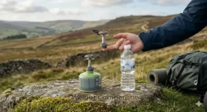 A photorealistic infographic comparing the weight of a lightweight gas stove for camping against a standard 500ml water bottle in a UK Peak District moorland setting.