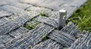 A lightweight breathable awning carpet folded into its carry bag, ready for storage in a caravan locker.