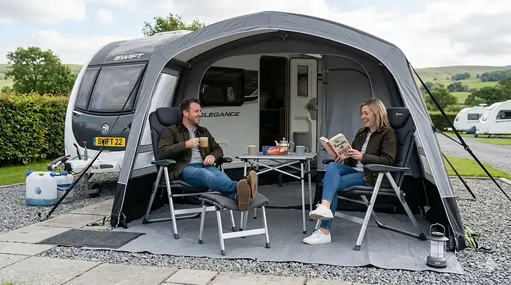Two lightweight folding chairs with headrests set up inside a grey caravan air awning on a gravel pitch. lightweight folding chairs for caravan awning