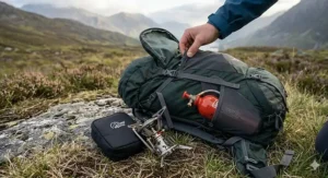 A folded multi fuel camping stove being packed into a 65-litre rucksack for a hiking expedition.