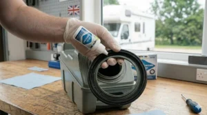 Applying Thetford silicone seal lubricant to a new rubber lip seal before installation.