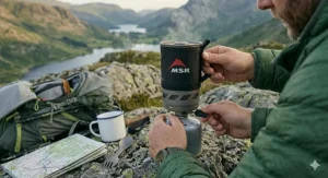 A classic spirit burner stove using methylated spirits, a popular lightweight backpacking stove option in Britain.