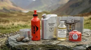 Close-up of the MSR WhisperLite International next to a bottle of white gas and unleaded petrol, showcasing its multi-fuel capabilities.