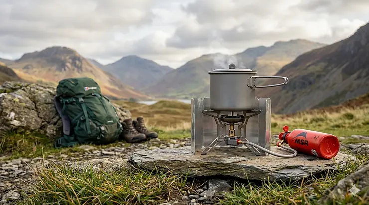 MSR WhisperLite International multi-fuel stove set up on a rocky surface during a wild camping trip in the Lake District. MSR WhisperLite International