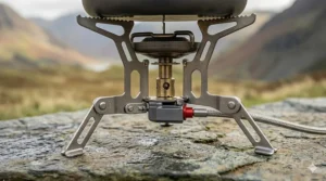 Detailed view of the stainless steel folding legs and pot supports on the MSR WhisperLite International for improved stability.