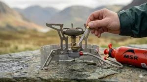 A hiker priming the MSR WhisperLite International stove with a small amount of fuel in the priming cup before ignition.