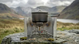 The MSR WhisperLite International stove protected by its aluminium heat reflector and windscreen on a breezy Scottish hillside.
