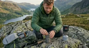 A robust multi-fuel stove being used for winter backpacking in the Scottish Highlands.