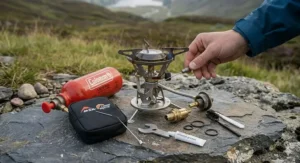 Close-up of a multi fuel camping stove repair kit with a jet cleaning tool and multi-tool.